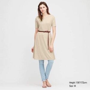 NWOT Uniqlo Ribbed Crew Neck Short Sleeve Dress, Size XS, Natural